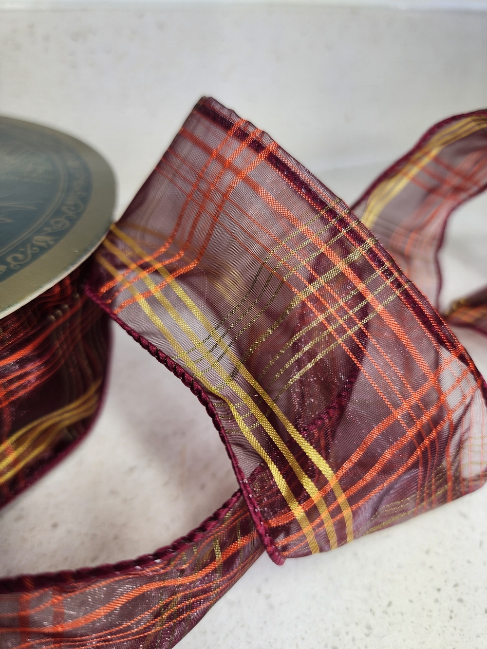 Sheer Plaid Ribbon with Gold Accents Yellow,orange, Burgundy Wired Edges